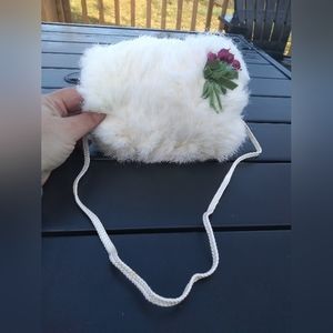 * HOST PICK * Vintage Child's White Faux Fur Muff, Red Flower Accents, H…